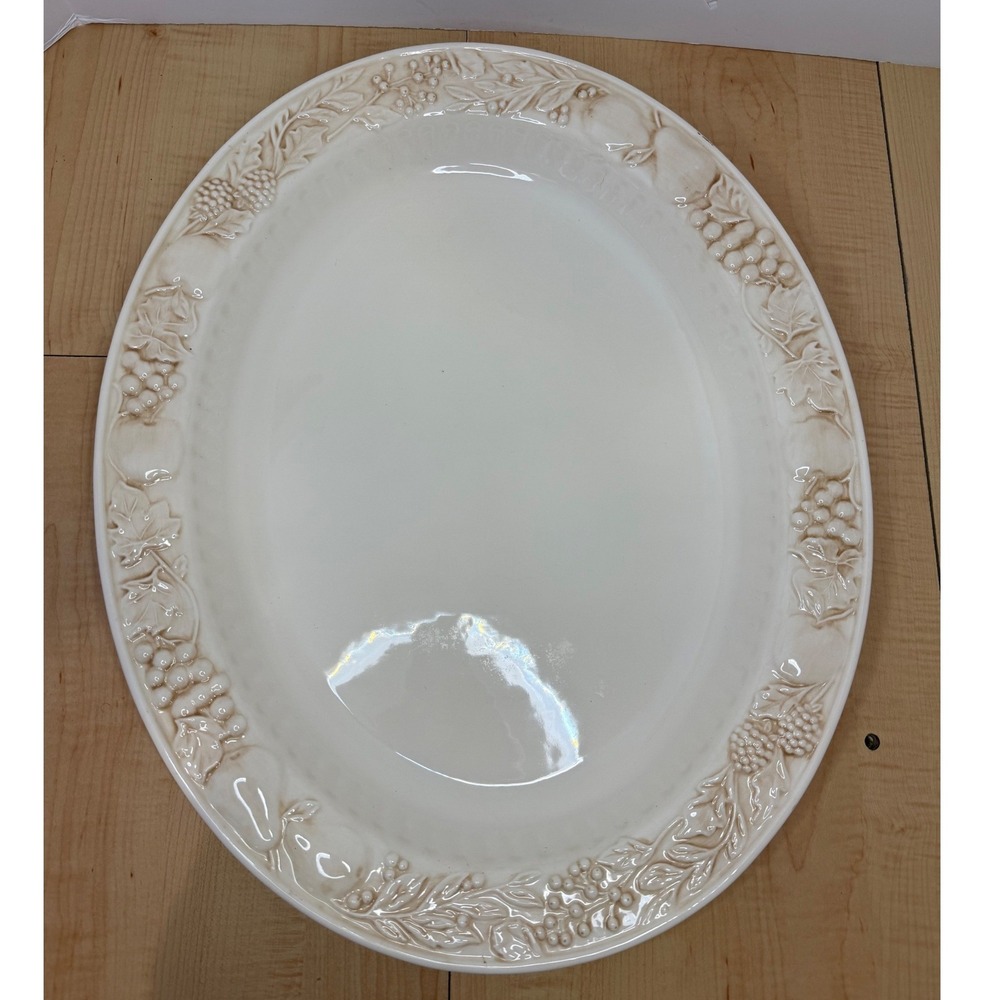 StoneLite Cream Oval Serving Platter Embossed Fruit Vine Harvest 20 Inch Large